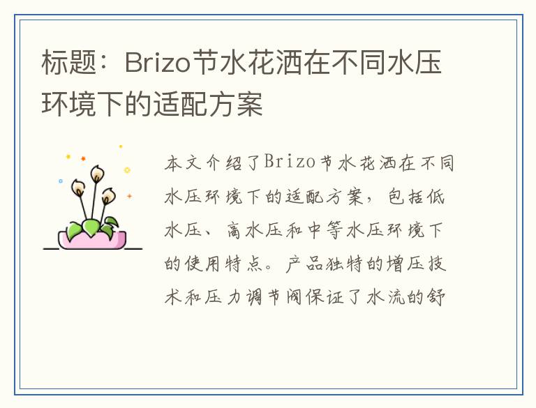 标题：Brizo节水花洒在不同水压环境下的适配方案