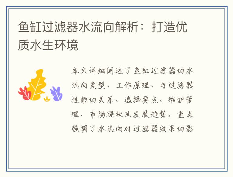 鱼缸过滤器水流向解析：打造优质水生环境